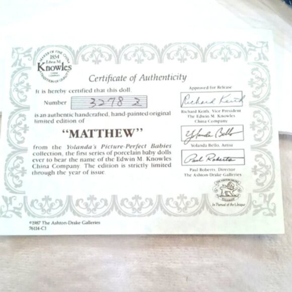 New In Box Edwin M. Knowles China Company "Matthew" Porcelain Doll w/ Documents - Picture 3 of 8